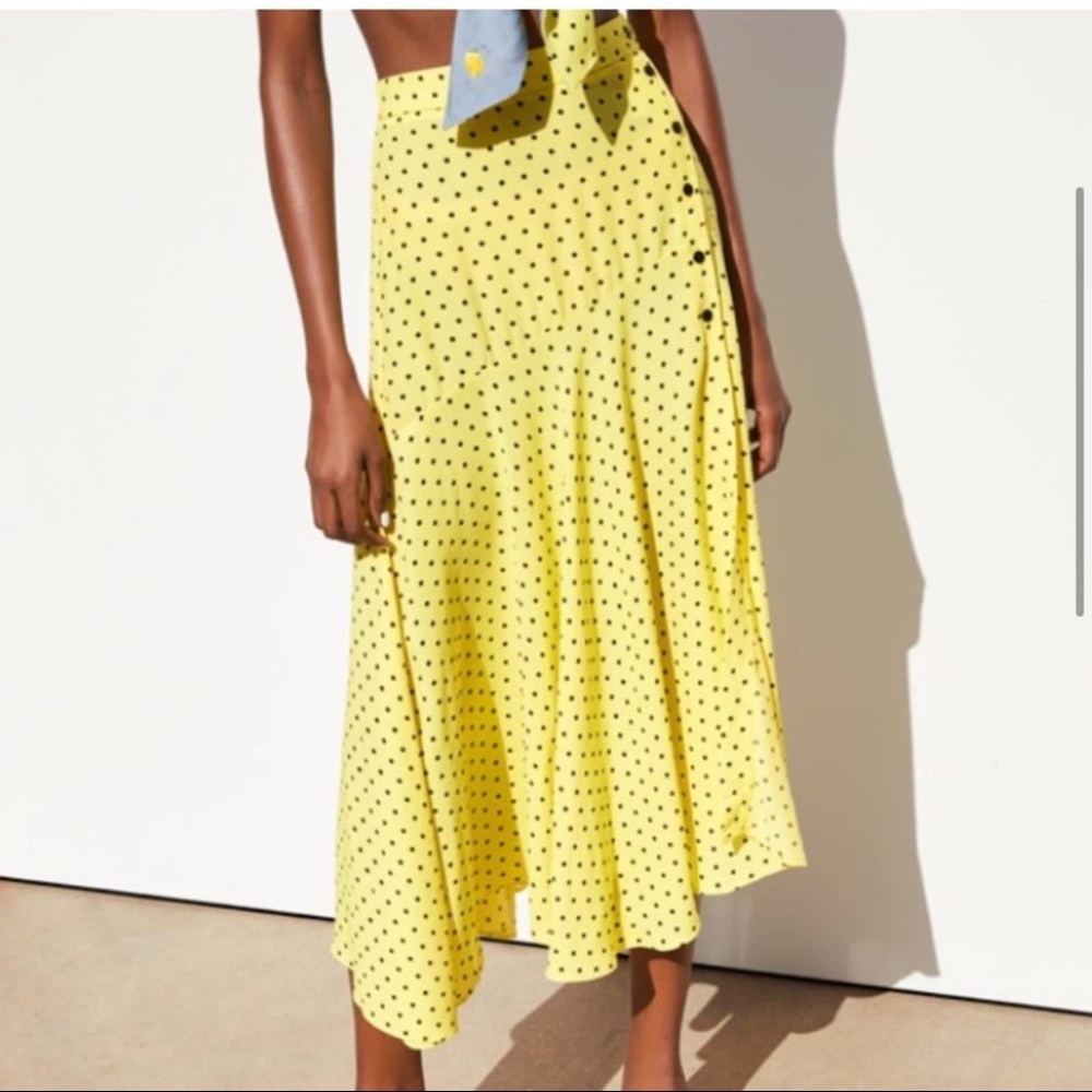 Zara Yellow Polka Dot Asymmetrical Midi Skirt